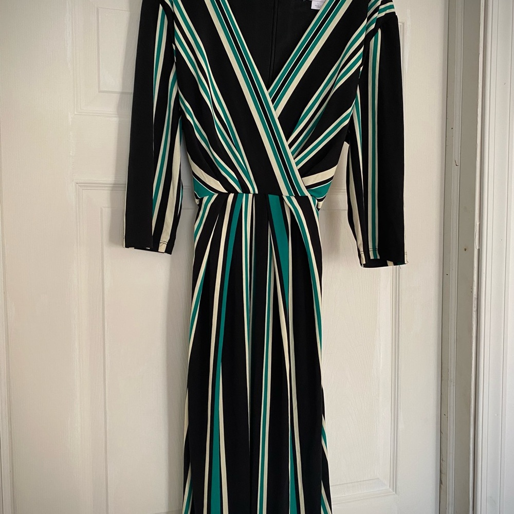 Jessica Simpson Black Teal Cream Striped Long Sleeve Wrap Maxi Dress